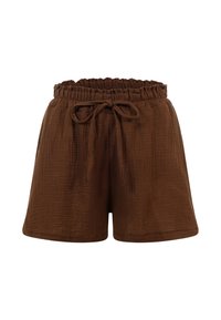 Short marron ample avec taille élastique et lien à l'avant, confectionné dans un tissu léger texturé.