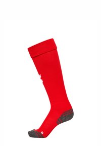 Czerwona skarpetka do kolan o jednolitym wzorze, z prążkowanym mankietem oraz szarymi akcentami na pięcie i palcach. Na przedzie znajduje się biały logo.