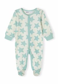 Bodysuit de color crema claro, hecho de tela suave, con un patrón repetido de estrellas en verde menta, con mangas largas y diseño de pies. Cierre frontal a presión.