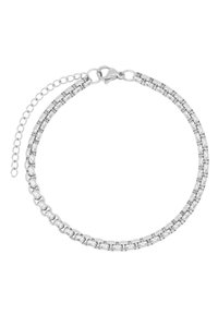 Bracciale in metallo argentato con maglie intrecciate, dotato di chiusura a moschettone e catena di estensione regolabile per la misura.