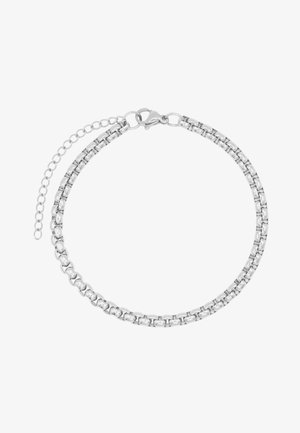 Srebrna metalowa bransoletka łańcuszkowa z splątanymi ogniwami, z karabińczykiem oraz regulowanym łańcuszkiem przedłużającym do dostosowania rozmiaru.