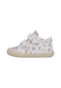 Children's shoes featuring a white surface with colorful heart patterns, two Velcro straps, and a metallic lavender accent on the toe.