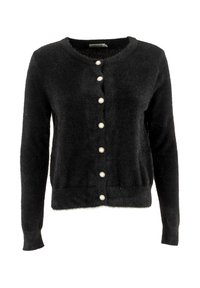 Cardigan nero e morbido con scollatura rotonda, maniche lunghe e otto bottoni a forma di perla lungo la parte anteriore. Texture soffice.