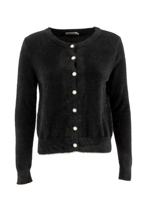 Cárdigan negro y esponjoso con cuello redondo, mangas largas y ocho botones similares a perlas en la parte delantera. Textura suave.