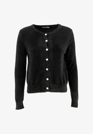 Cardigan noir et duveteux avec un col rond, des manches longues et huit boutons en forme de perles sur le devant. Texture douce.
