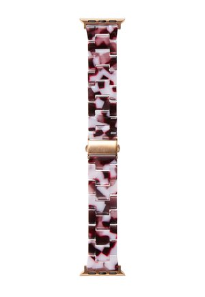 Uhrenarmband mit marmorierten bordeauxroten und weißen Gliedern sowie goldenen Verbindern und Verschluss, entworfen für eine Smartwatch.