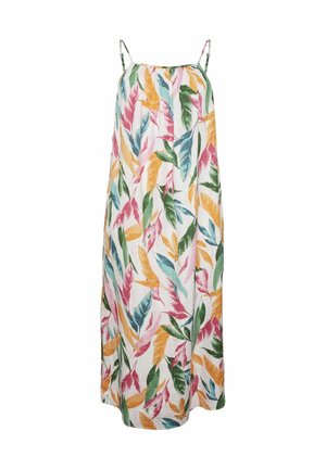 Vestido maxi floral con tirantes finos, que presenta un fondo blanco y patrones de hojas multicolores en tonos de rosa, verde, amarillo y azul.