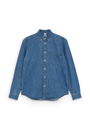 Blue denim long-sleeve shirt with a pointed collar, white buttons, single chest pocket, and a straight hem. Even texture and medium weight.