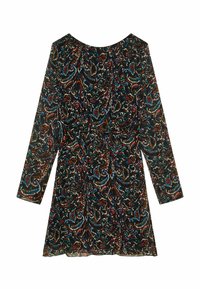 Langärmliges Kleid mit schwarzem Hintergrund, verziert mit einem bunten Paisley-Muster in Rot-, Blau- und Cremetönen. Weicher Stoff, tailliertes Design.