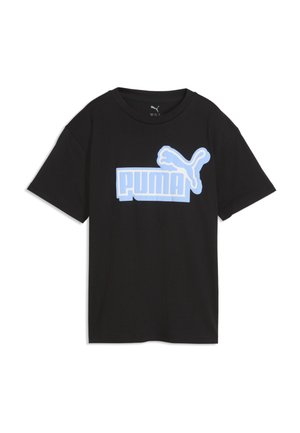 Sort T-shirt med korte ærmer med en lyseblå Puma-logo og tekst centreret på forsiden.