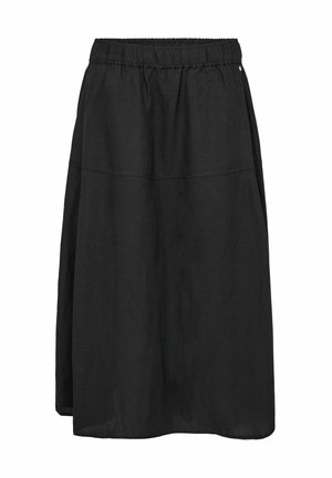 Schwarzer Midirock mit elastischem Bund und leicht ausgestellter A-Linien-Form, gefertigt aus leichtem Stoff.