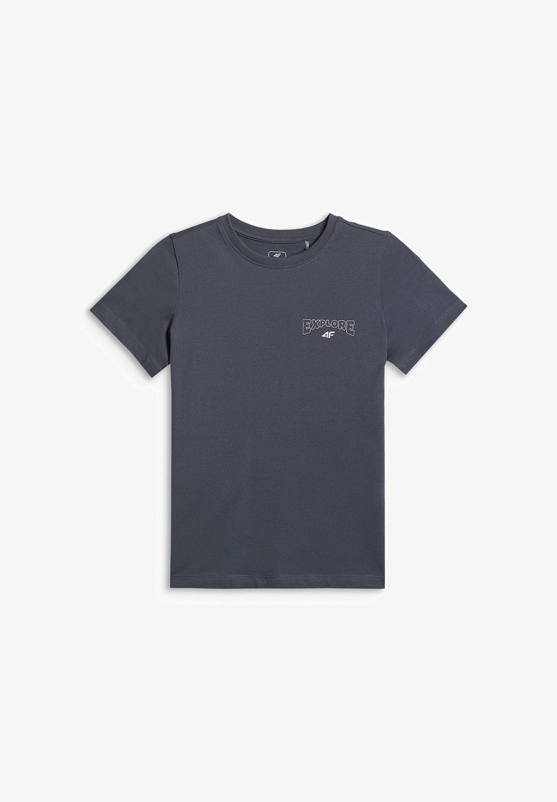 T-shirt gris foncé à manches courtes avec col rond, imprimé en blanc « EXPLORE 4F » sur la poitrine gauche.
