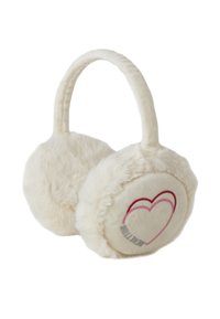 Cuffie in pelliccia sintetica bianca con una texture morbida, design arrotondato e una grafica a forma di cuore rosa su ciascun pad. Manico flessibile per una vestibilità sicura.