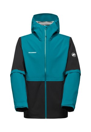 Turkusowa i czarna wodoodporna kurtka z kapturem, z pełnym zamkiem z przodu, elastycznymi mankietami oraz logo na piersi i rękawie. Gładka faktura, sportowy design.