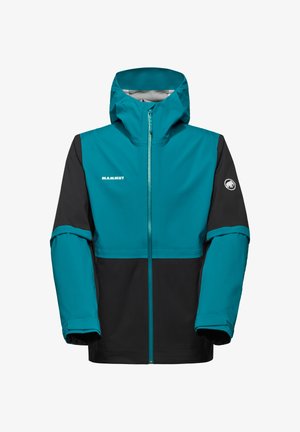 Teal- und schwarze wasserdichte Jacke mit Kapuze, vollem Front-Reißverschluss, elastischen Bündchen und einem Logo auf der Brust und dem Ärmel. Glatte Textur, sportliches Design.