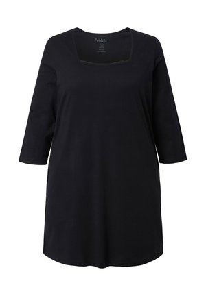 Sort tunika med trekvartlange ærmer, firkantet halsudskæring, lavet af blødt stof, med en afslappet pasform og minimal detaljering.
