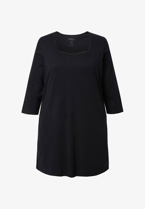 Sort tunika med trekvartlange ærmer, firkantet halsudskæring, lavet af blødt stof, med en afslappet pasform og minimal detaljering.