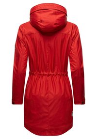 Red water-resistant parka jacket with adjustable drawstring waist, hood, and buttoned cuffs. Smooth, shiny texture with logo detail.