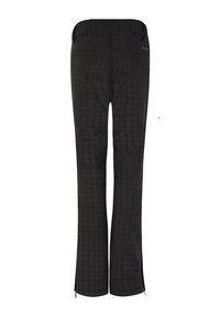 Schwarze Hose mit Hahnentritt-Muster, Reißverschluss am Saum und flachem Bund. Hergestellt aus leichtem, strukturiertem Stoff, ideal für den Einsatz im Freien.