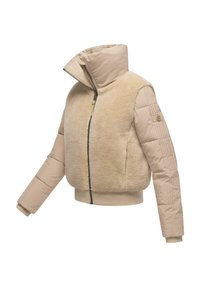 Beige donsjacket met een fluffy shearling voorkant, hoge kraag, ritssluiting en geribbelde manchetten. De gladde mouwen hebben doorgestikte details.