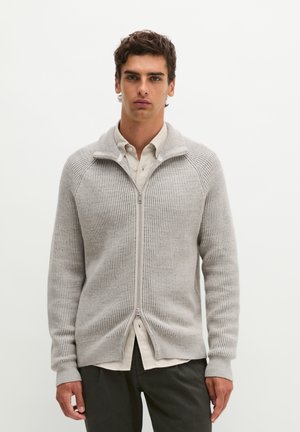 Uomo che indossa un maglione grigio chiaro a coste con zip sopra una camicia bianca con colletto e pantaloni neri, in piedi davanti a uno sfondo bianco semplice.