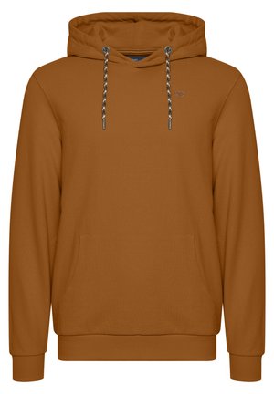 Sudadera con capucha marrón, con bolsillo tipo canguro, puños acanalados y cordones ajustables, que presenta un diseño estampado. Tejido sencillo y suave.