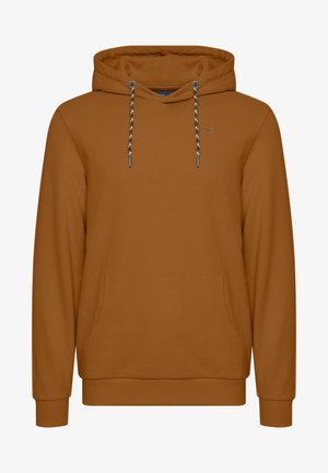 Bruine hoodie met een kangoeroezak, ribgebreide manchetten en verstelbare trekken met een patroonontwerp. Eenvoudige en gladde stof.