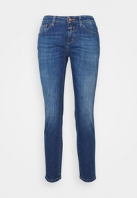 Blue slim-fit denim jeans with front button and zip closure, belt loops, and slight fading on thighs and knees.