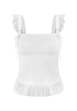 Top blanco sin mangas con tirantes con volantes y dobladillo, escote cuadrado y pequeños lazos ajustables en los lados cerca del pecho.