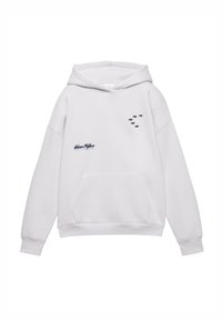 Witte hoodie met een voorzak, capuchon met trekkoord en vijf zwarte steraccenten aan de linkerbovenkant. "Urban Myths" tekst in het zwart. Zachte stof.
