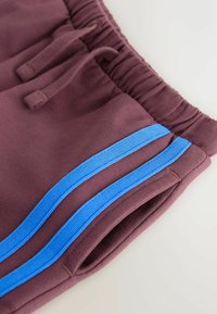 Detail fialových tepláků s elastickým pasem, šňůrkou, bočními kapsami a dvěma paralelními jasně modrými pruhy podél nohy.