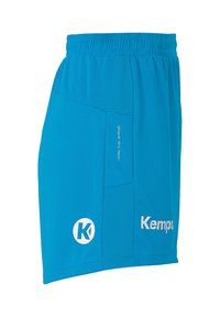 Blauwe sportshorts van lichtgewicht stof, met een elastische tailleband, een zijzak en witte logo-accenten.