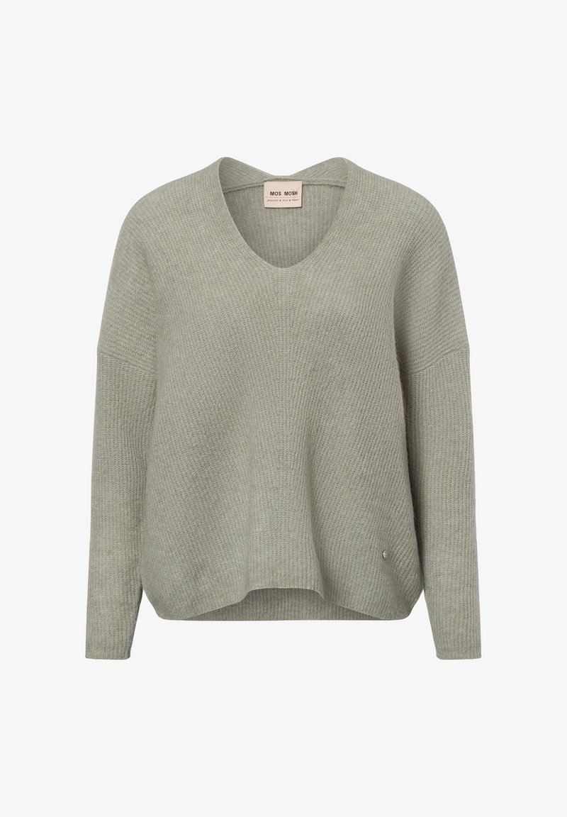 Hellgrauer, übergroßer Strickpullover mit V-Ausschnitt, überschnittenen Schultern und geripptem Muster. Verfügt über ein kleines Metallschriftzug-Akzent an der Seite.