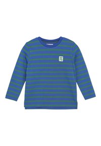 Langärmliges Shirt mit horizontalen blauen und grünen Streifen, Rundhalsausschnitt und einem kleinen quadratischen Logopatch auf der Brust.