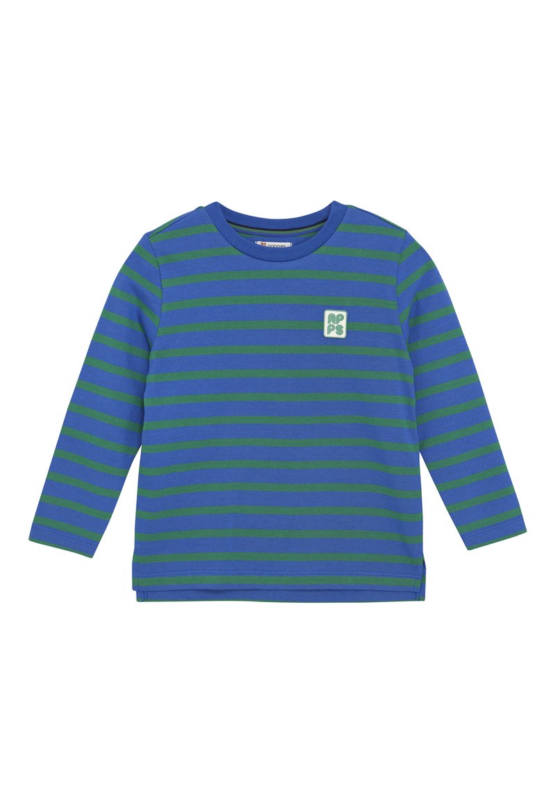 Langärmliges Shirt mit horizontalen blauen und grünen Streifen, Rundhalsausschnitt und einem kleinen quadratischen Logopatch auf der Brust.