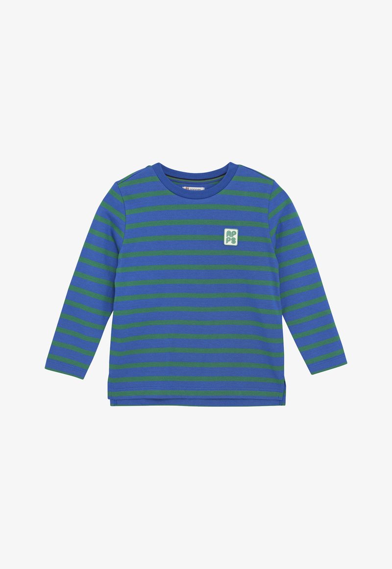 Blue and green horizontally striped long-sleeve shirt with crew neck and a small square logo patch on the chest.