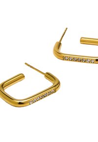 Złote metalowe kolczyki w kształcie kwadratu, ozdobione rzędem siedmiu małych, przezroczystych cyrkonii wzdłuż jednego brzegu dla dodatkowego efektu.