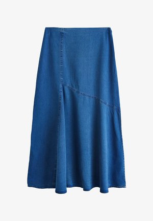 Teksariidest A-lõikeline midi-seelik, millel on asümmeetriline õmblusdetail ja pehme lehvatus ääres, keskmise sinise pesuga.