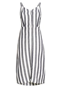 Lněné šaty s vertikálními černobílými pruhy, přiléhavým topem, tenkými ramínky a zapínáním na knoflíky, s mírně rozšířenou sukní.