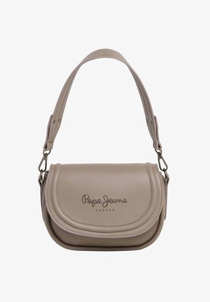 Taupe spalvos odinė Pepe Jeans London petnešė su išlenkta uždanga ir reguliuojama juosta, pasižyminti siuvinėjimo kraštais ir metaliniais užsegimais.