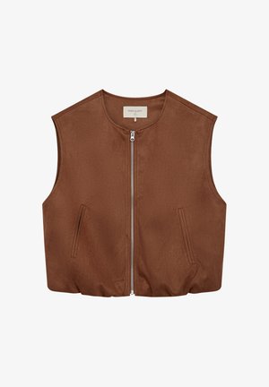 Bruine mouwloze vest met ritssluiting aan de voorkant en twee verticale zijzakken, ontworpen voor casual gebruik.