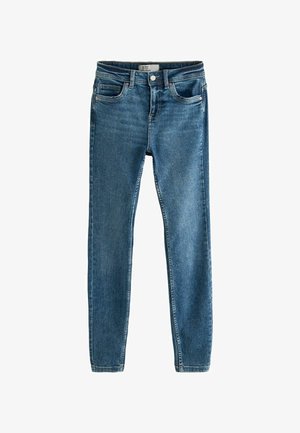 Skinny jeans made of blue denim. Features five pockets, a button closure, and subtle stitching. Smooth texture with a slightly faded look.