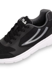 Scarpa sportiva nera con tomaia in rete, accenti grigi e suola in gomma bianca. Presenta un design con lacci e un logo grigio.