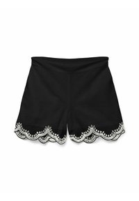 Zwarte shorts met een geschulpte zoom, versierd met witte borduursels en druppelpatronen. Elastische tailleband voor comfort en gemak.