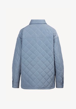 Jasnoniebieska pikowana kurtka z przeszyciami w kształcie diamentu, z długimi rękawami i prostym kołnierzem, pokazana od tyłu na białym tle.