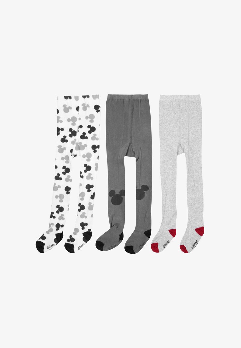 Tre paia di collant per bambini: bianchi con motivi neri e grigi di Topolino, grigio uniforme e grigio con punte rosse.