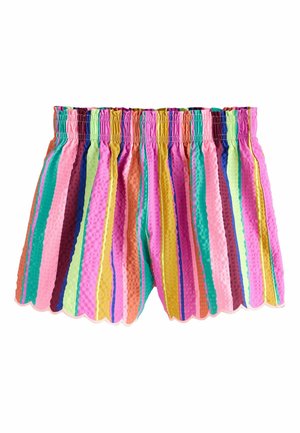 Bunte gestreifte Shorts mit geschwungenem Saum. Hergestellt aus strukturiertem Stoff mit lebendigen Farbtönen in Pink, Grün, Blau und Orange. Elastischer Bund.