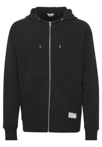 Zwarte zip-up hoodie van een katoenmix, met een voorzak, een capuchon met trekkoord, ribgebreide manchetten en een klein label aan de onderkant.