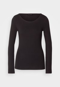 Haut noir à manches longues avec un col rond, fabriqué en tissu lisse, présentant un design ajusté et une finition unie sans motifs ni embellissements.