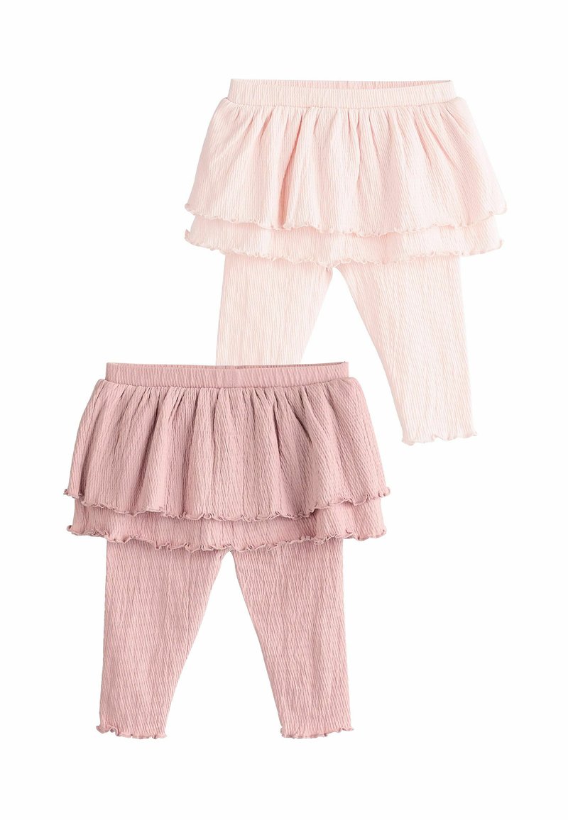 Två uppsättningar leggings med lagerkjolar, med en texturerad tyg. Färgerna är ljus rosa och mauve, med volangkanter.